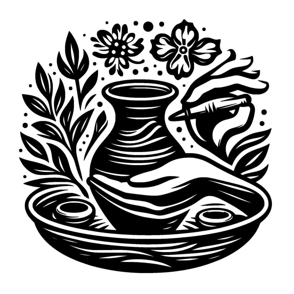 Artistic Ceramic Creation Black and White Illustration of Pottery Making with Decorative Floral and Leaf Elements. vector