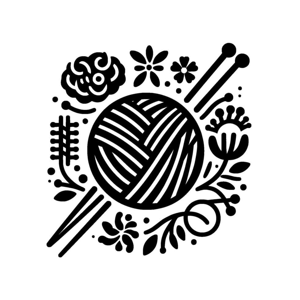Floral Yarn Ball with Needles Minimalist Black and White Illustration for Knitting and Crafting Projects, a Decorative . vector