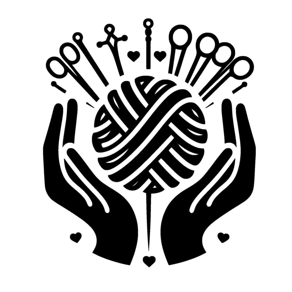 Black and white silhouette art of hands cradling yarn ball with needles, scissors, and hearts, representing knitting and crafting. vector