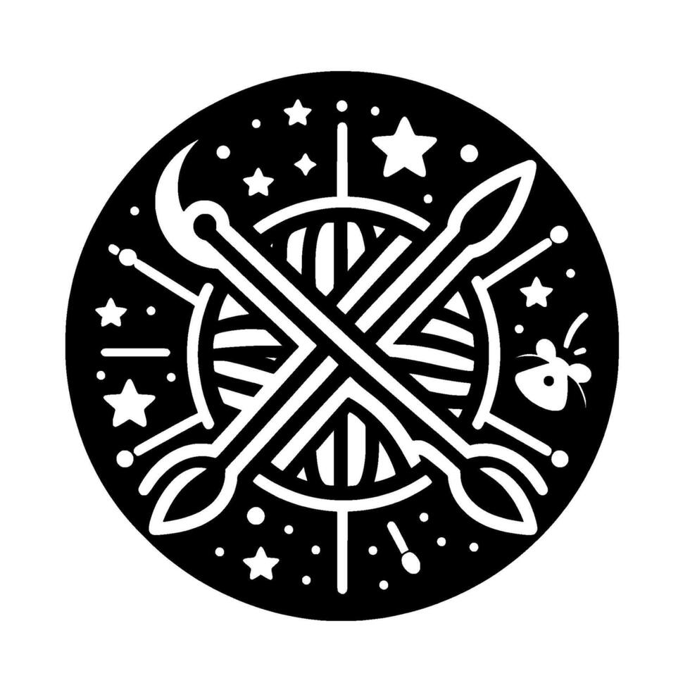 Whimsical Black and White Circular Featuring a Skein of Yarn, Crossed Knitting Needles, Moon, Stars, and a stylized Mouse. vector