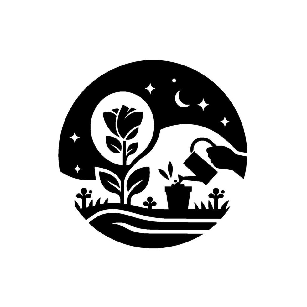 Black and White Nighttime Garden Scene A Large Rose Blooms, While a Tiny Plant is Nurtured Under a Crescent Moon Stars. vector