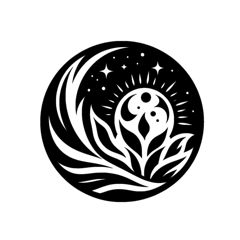 Intricate Black and White Circular Mandala Crescent Moon, Stars, Sun, and Leafy Floral Elements Within a Symbolic Cosmic Composition. vector