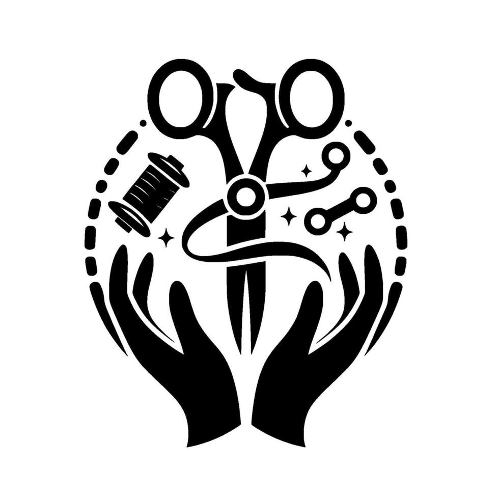 Silhouette Emblem of Craftsmanship Sewing Tools Enclosed in Protective Hands, A Symbol of Skill Care. vector