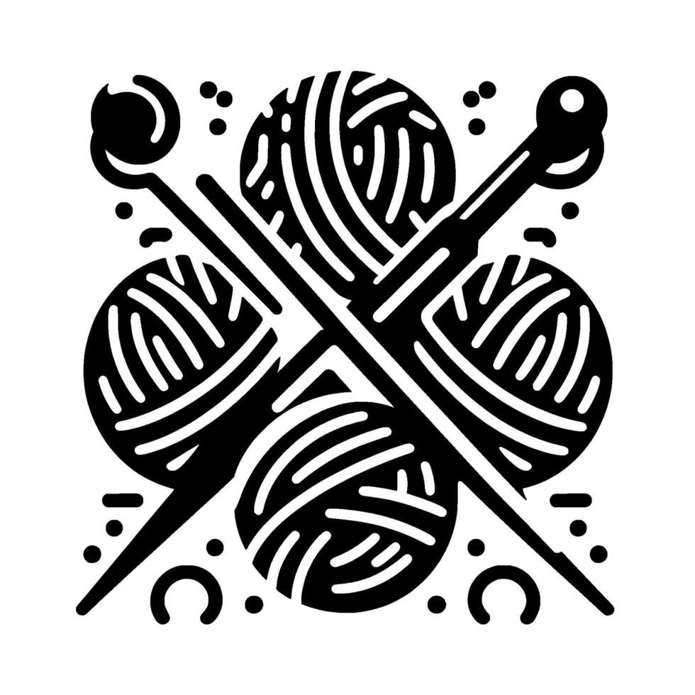 Minimalist Black White Illustration of Yarn Balls Intertwined with Knitting Needles, Decorative Element. vector