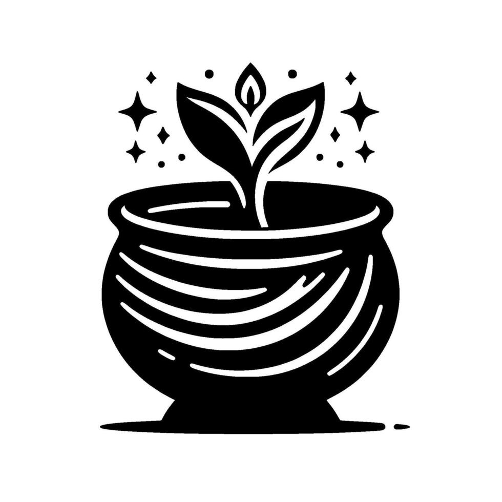 A stylized black and white illustration depicting a cauldron with a sprouting plant, surrounded by stars and dots, evoking themes of growth and magic. vector