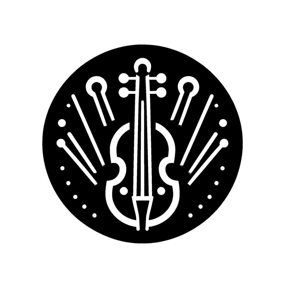 Stylized Black and White Circle A violin with its bow and musical note dots, a classic symphonys emblem. vector
