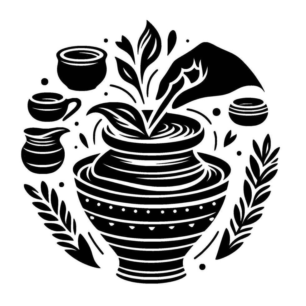 Abstract black and white illustration of a hand arranging tea leaves in a large decorative pot, surrounded by teaware and stylized plant elements. vector