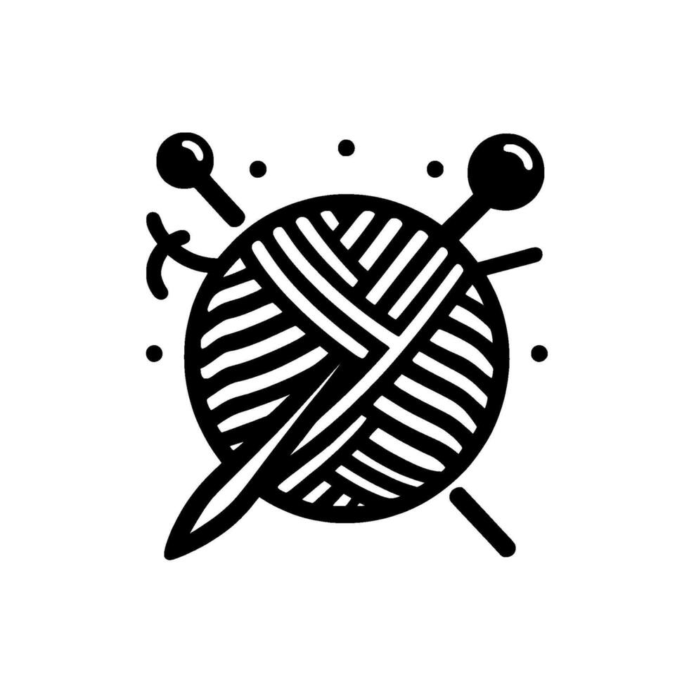 Minimalist black and white illustration of a yarn ball with needles, crafting equipment, and playful dots on white background. vector
