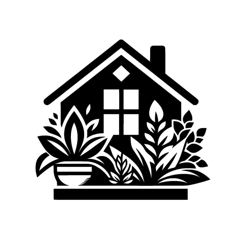 Minimalist black and white illustration of a cozy house surrounded by lush, stylized greenery, evoking a sense of nature and tranquility. vector