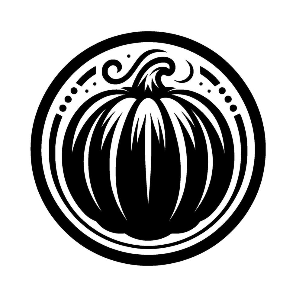 Black and White Circular Emblem of a Stylized Pumpkin with Ornamental and Decorative Border. vector