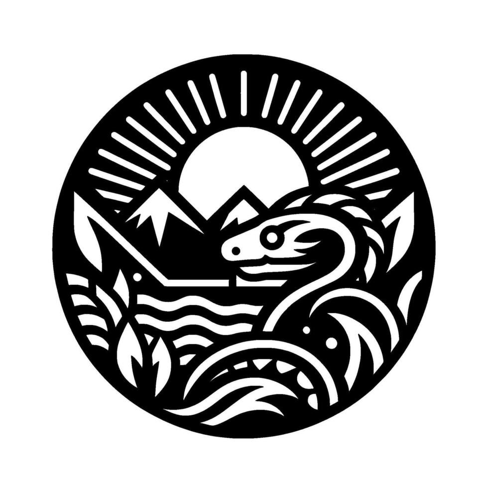 Black and white circular emblem with a serpent intertwined with nature, including mountains, a sun, and water. vector