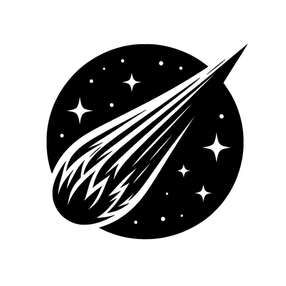 Black and white stylized illustration of a comet streaking across a starfilled sky, evoking speed and cosmic motion. vector