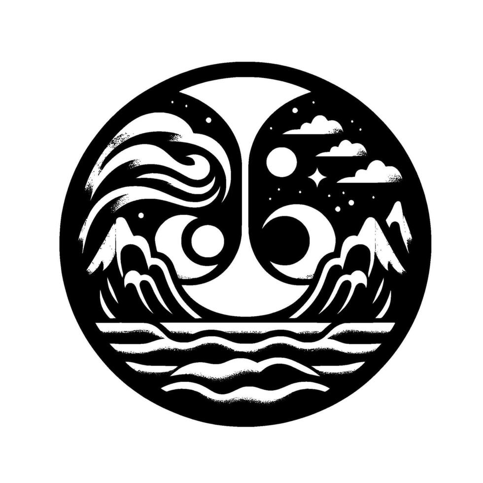 Yin Yang inspired black and white circle art featuring a stylized mountain, sea, and sky scene with celestial bodies and waves, evoking balance. vector