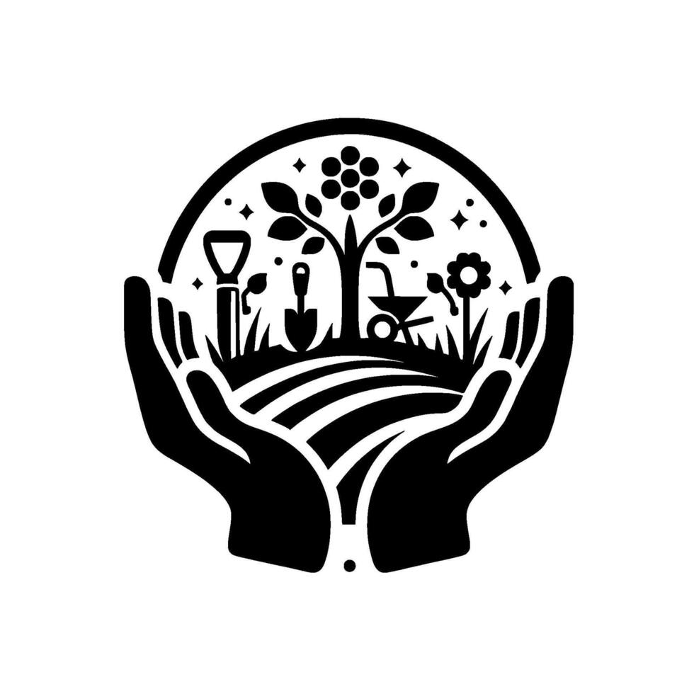 Symbolic Garden Human Hands Cradle a Flourishing Orchard, Showcasing Tools and Nature in a Harmonious, Black and White . vector