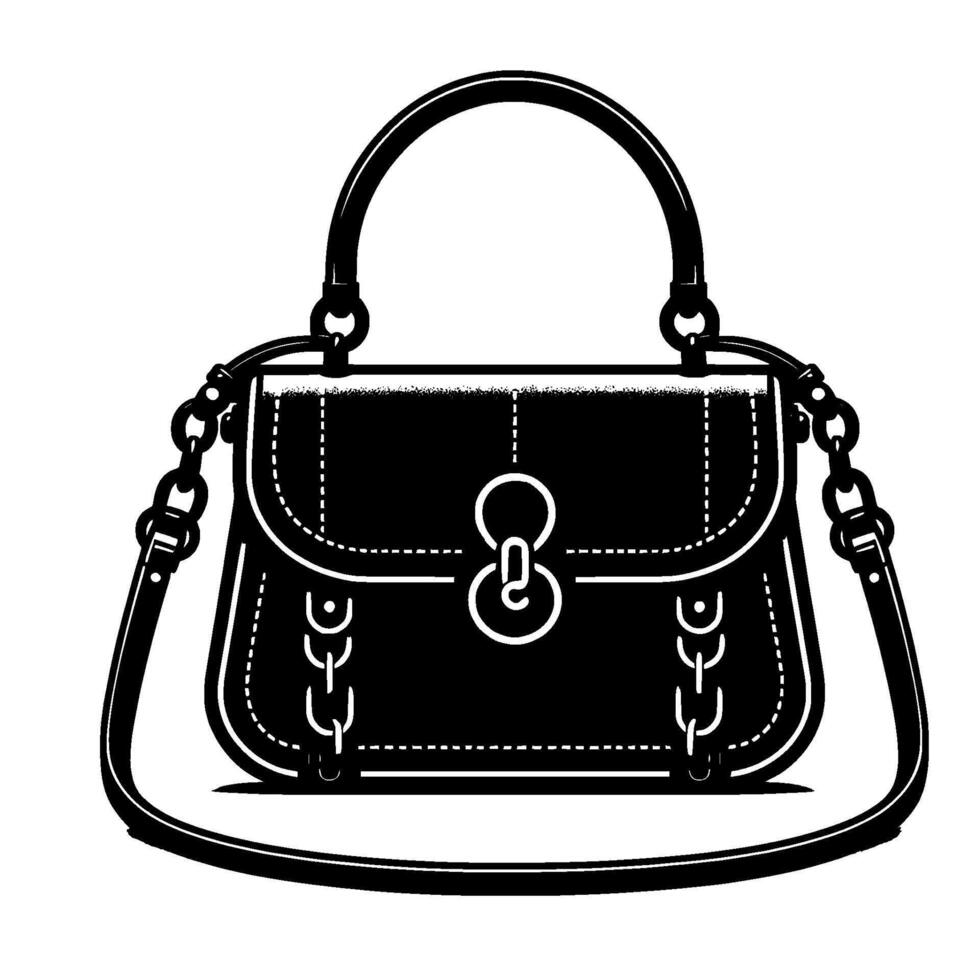 Monochrome illustration of a chic, structured black handbag with a top handle, shoulder strap, and distinctive clasp, set against a white background. vector
