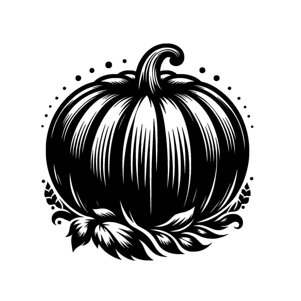 Illustration Stylized Black and White Pumpkin with Leaves, Dots, and a Swirled Stem on a Clean White Background. vector