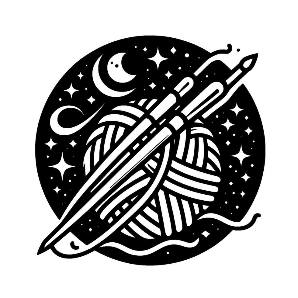 Celestial Knit Moonlit sphere with yarn, needles, and a starry night scene. vector