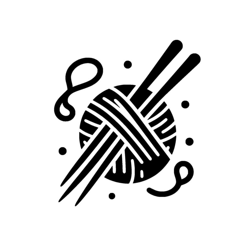 Black and white illustration of a ball of yarn with knitting needles and loose loops, set against a blank background. vector