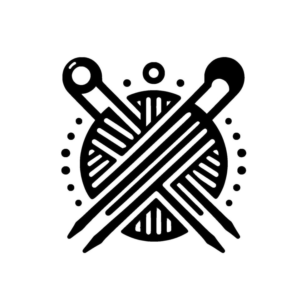 Bold Black White Minimalist Illustration Ball of Yarn, Knitting Needles, Dots, Geometric . A modern for craft. vector