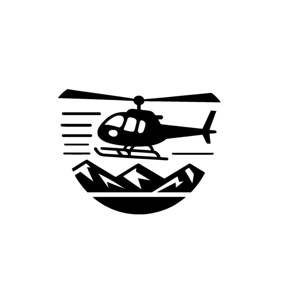 Black and White Helicopter Above Mountains with Motion Lines, Circular . vector