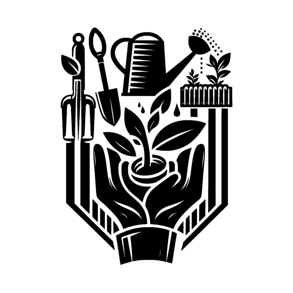 Monochrome Garden Shield Hands Holding a Potted Plant with Gardening Tools, Watering Can, and Sprigs, Reflecting Growth. vector