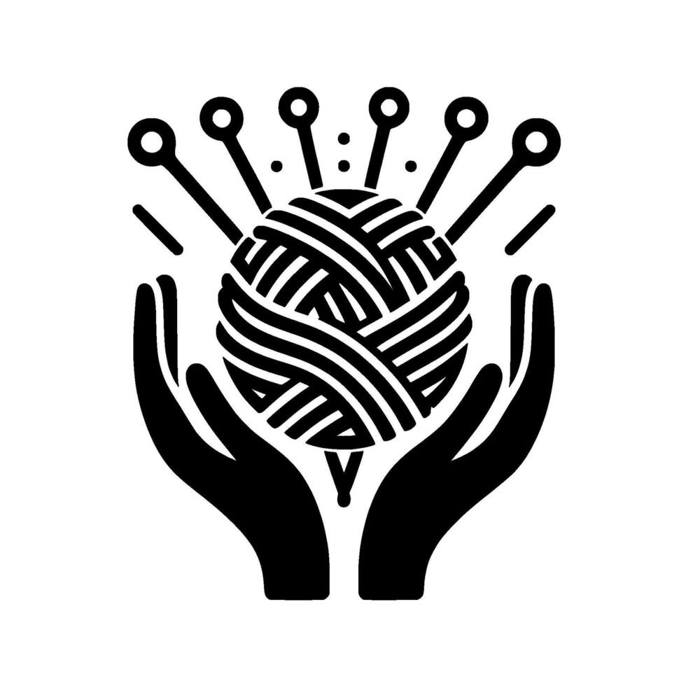 Silhouette of Hands Cradling a Ball of Yarn with Needles, Representing Crafting and Creativity, on a White Background vector