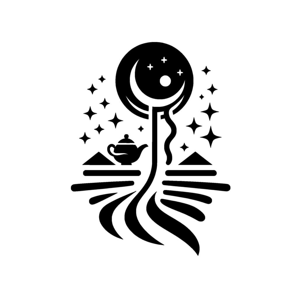Abstract black and white illustration of a night scene with a crescent moon tree, tea pot, stars, and geometric landscape elements. vector