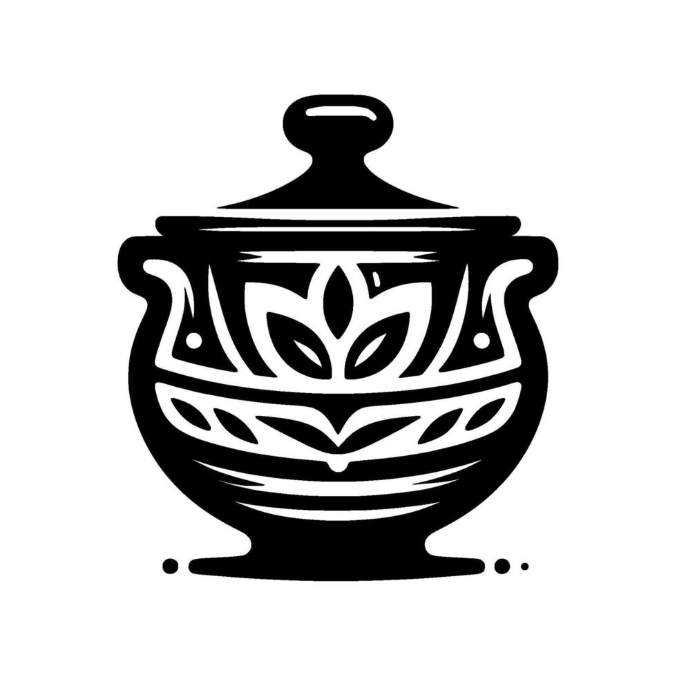 Intricately Detailed Black and White Pottery Jar with Lid, Featuring Geometric and Floral Designs, Isolated on White Background. vector