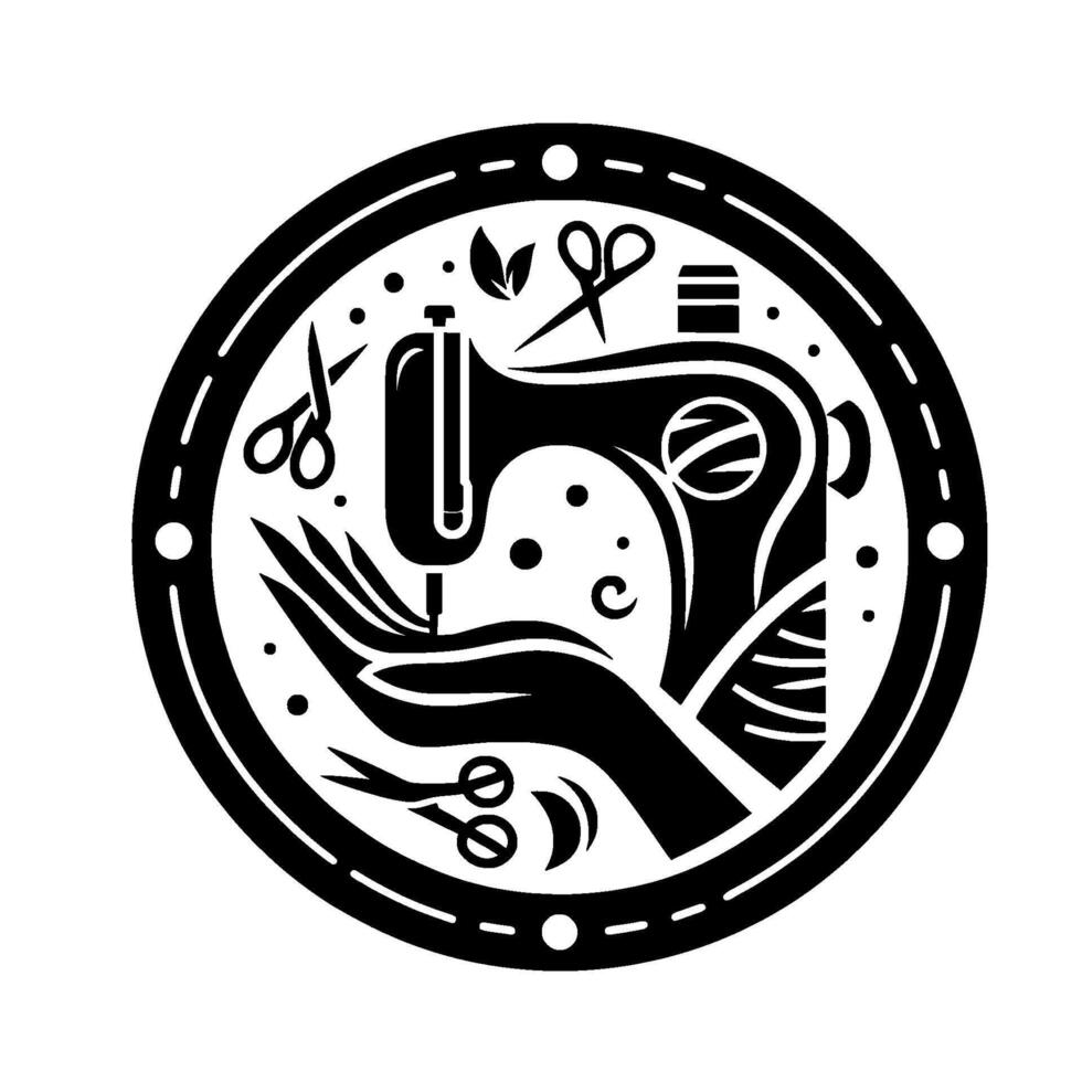 Black and White Circular Emblem of Sewing Machine with a Hand, Scissors, and Leaf Accents. vector