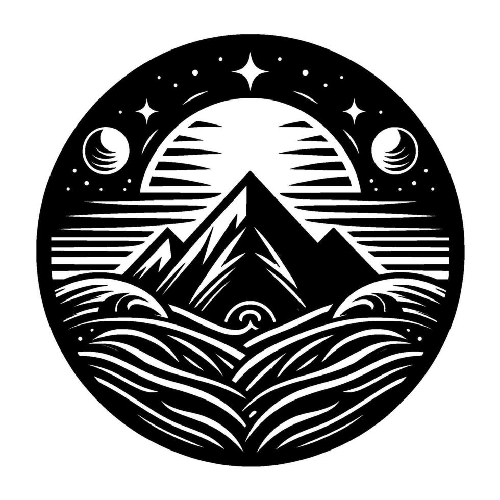 Black and white circular minimalist illustration of mountains, ocean, sun, moon, and stars, with a nature and celestial theme. vector