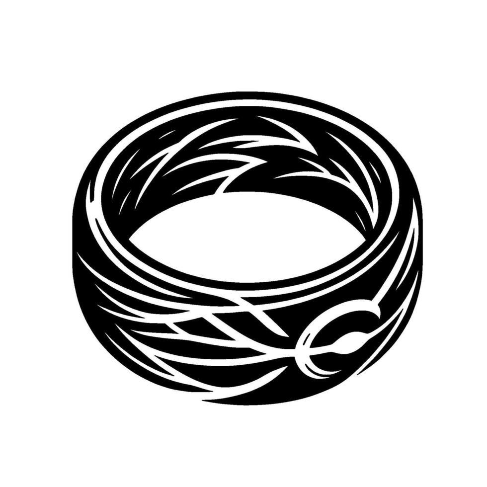 Circular black and white ornate ring illustration, featuring stylized leaflike patterns and geometric shapes. vector
