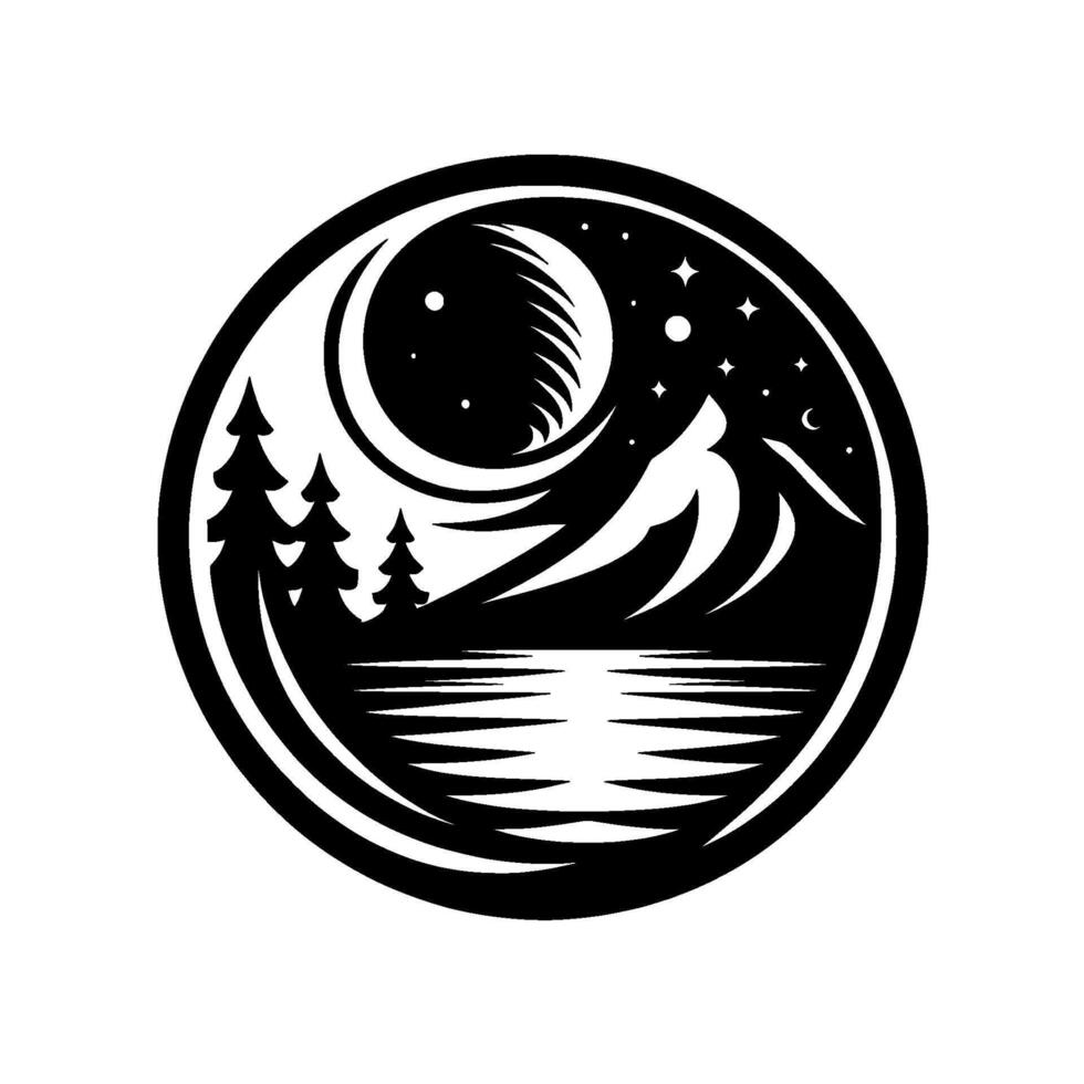 Serene night scene a black and white circular illustration featuring a crescent moon, starlit sky, mountain range, lake, and evergreen trees, exuding tranquility. vector