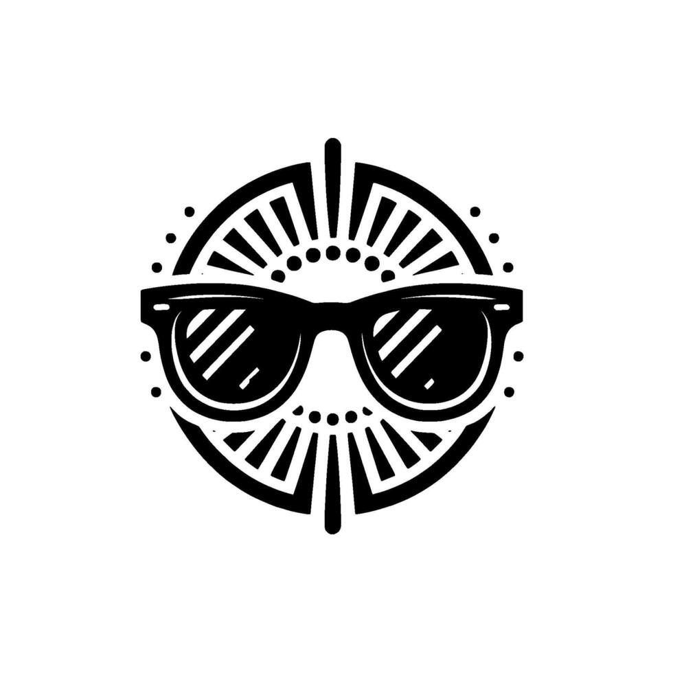 A stylized, symmetrical emblem featuring sunglasses at the center, radiating with geometric sunburst details, a modern, sleek . vector