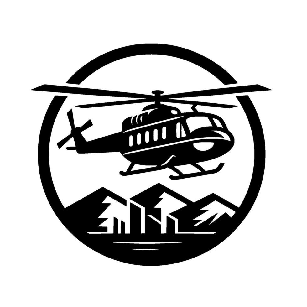 Silhouette of a helicopter in flight over a stylized mountain and forest landscape, enclosed in a black circular frame, creating a bold . vector
