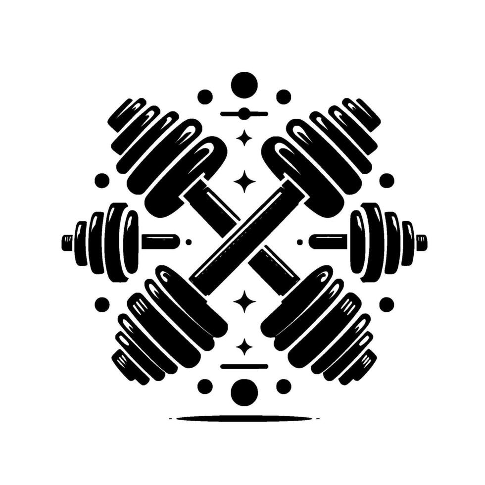 Symmetrical Black and White Dumbbell Composition with Geometric Decorative Elements, Representing Fitness and Strength. vector