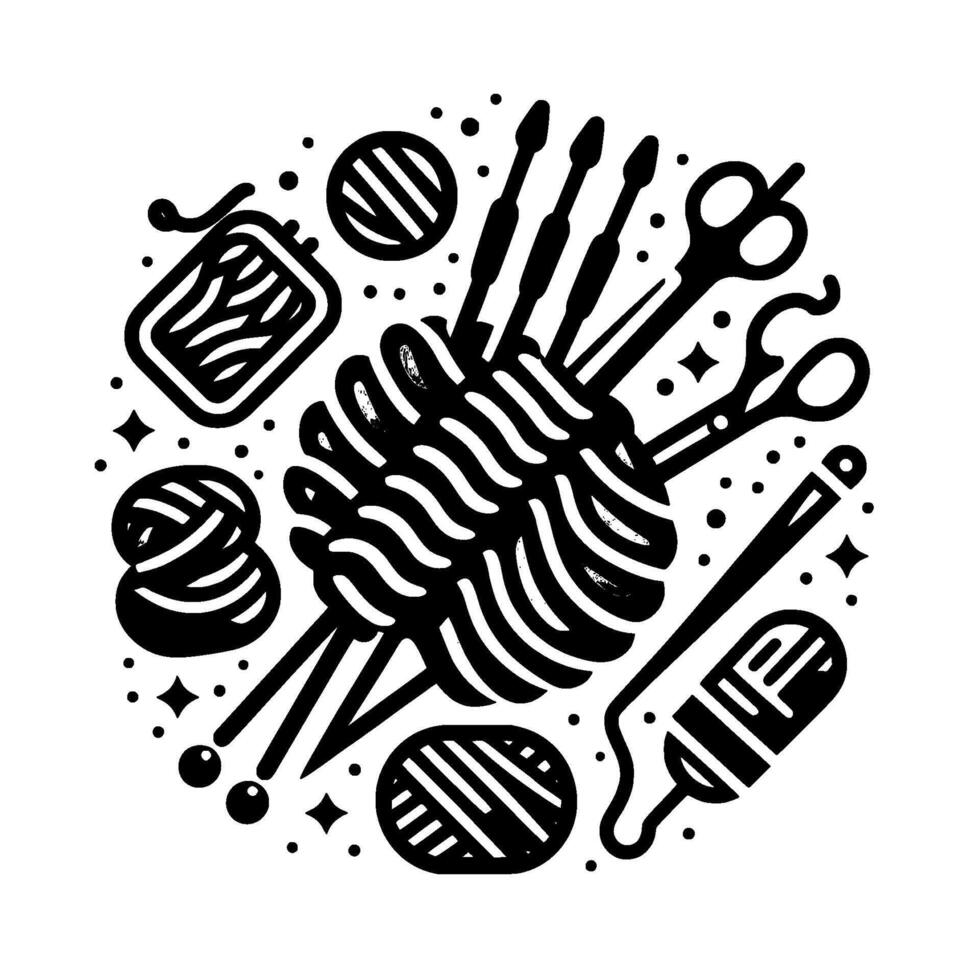 Intricate Black and White Circular Illustration of Knitting Tools, Yarns, Needles, Scissors, and Crochet Hook, Decorative Artistic Crafting . vector