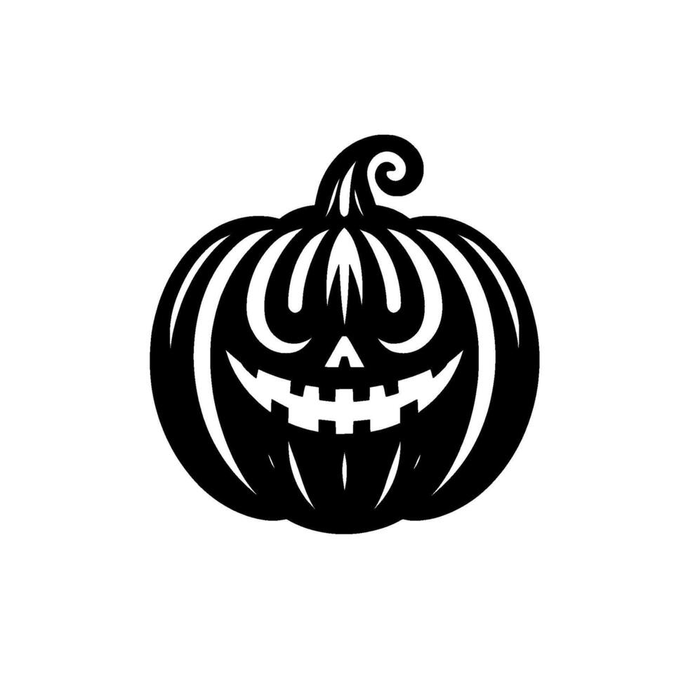 A symmetrical, black and white Halloween jackolantern illustration with a smiling face, curly stem, and minimalistic aesthetic on a plain white background. vector