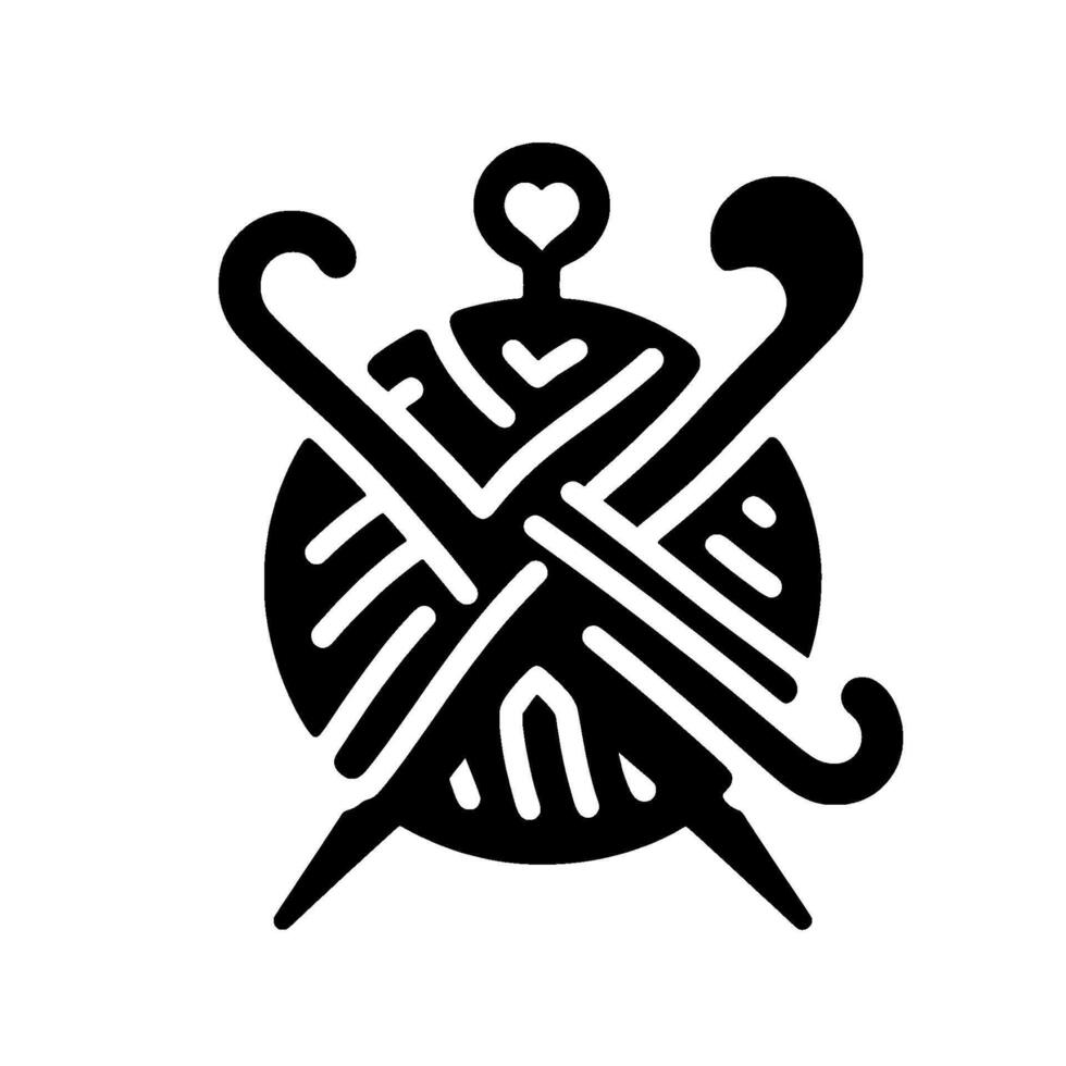 Black and White Emblem A ball of yarn with crossed knitting needles, topped with a heart, symbolizing crafting love. vector