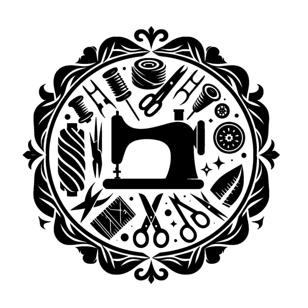 Intricate Circular Emblem of Sewing Tools A Decorative Black and White Illustration featuring a Sewing Machine, Spools, Scissors, and Measuring Tools. vector