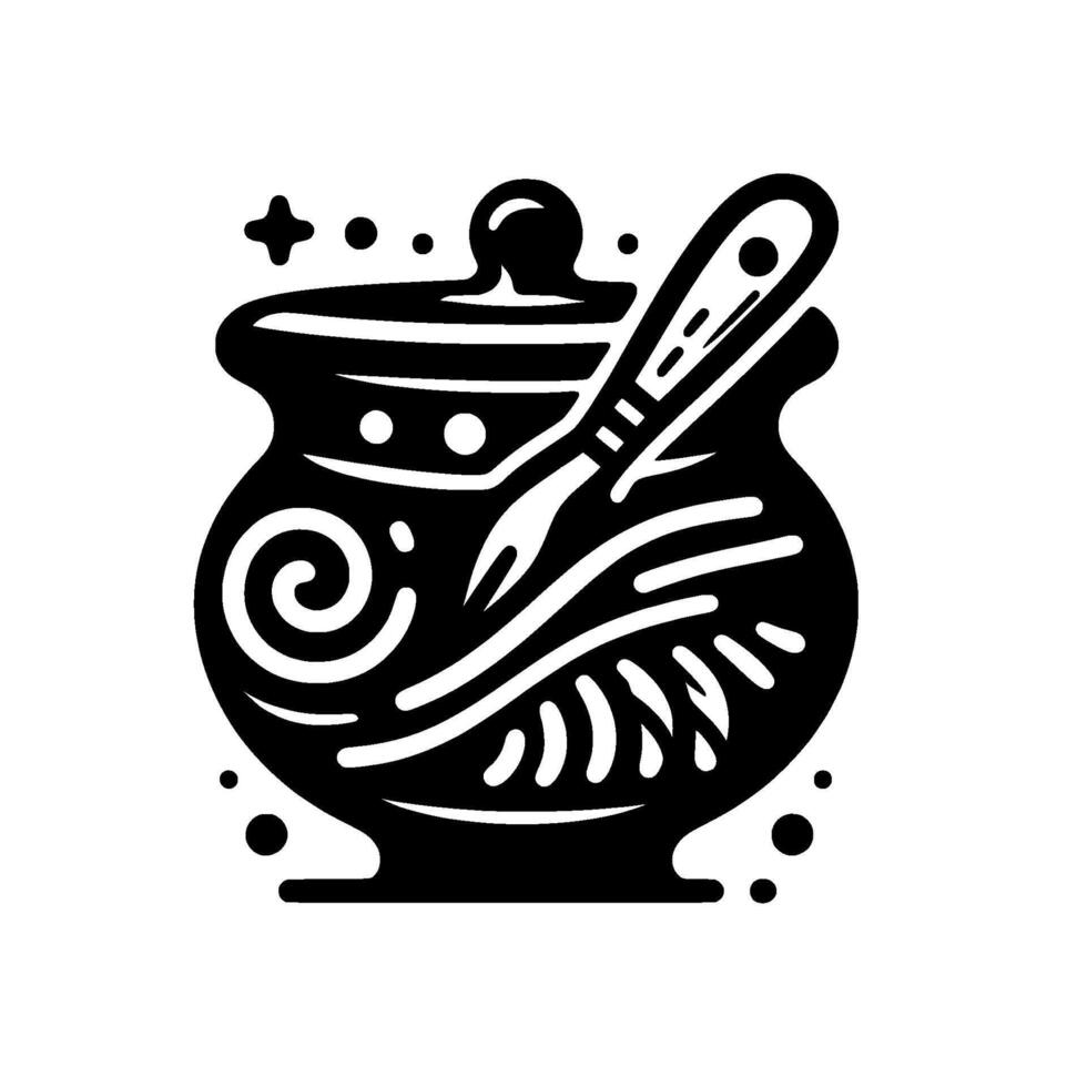 Stylized Black and White Illustration of a Ceramic Cooking Pot with Lid and Serving Spoon, Decorated with Organic Patterns and Decorative Elements. vector