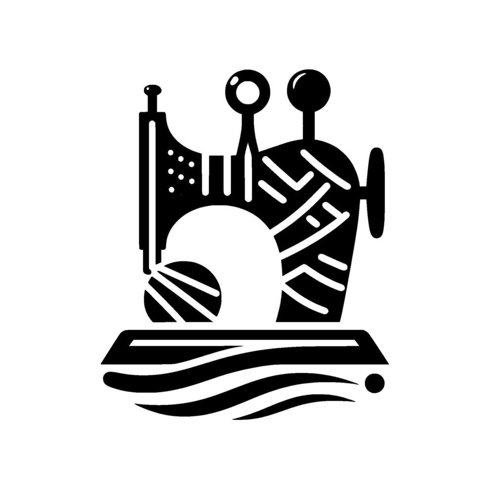Stylized Black and White Illustration of a Vintage Sewing Machine with Detailed Lines, Yarn, and Pins, on a White Background. vector