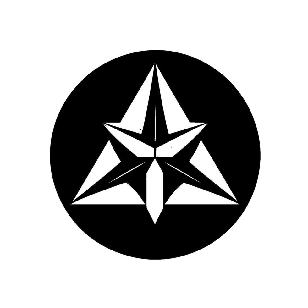 Geometric, minimalist featuring a layered, multipointed star encompassed by a triangular form within a stark black circular frame, presenting a modern aesthetic. vector