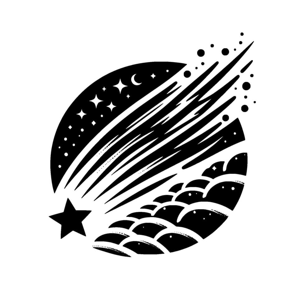 Celestial Silhouette Black and white illustration of a shooting star cascading across a starfilled oval, above stylized cloudscape. vector
