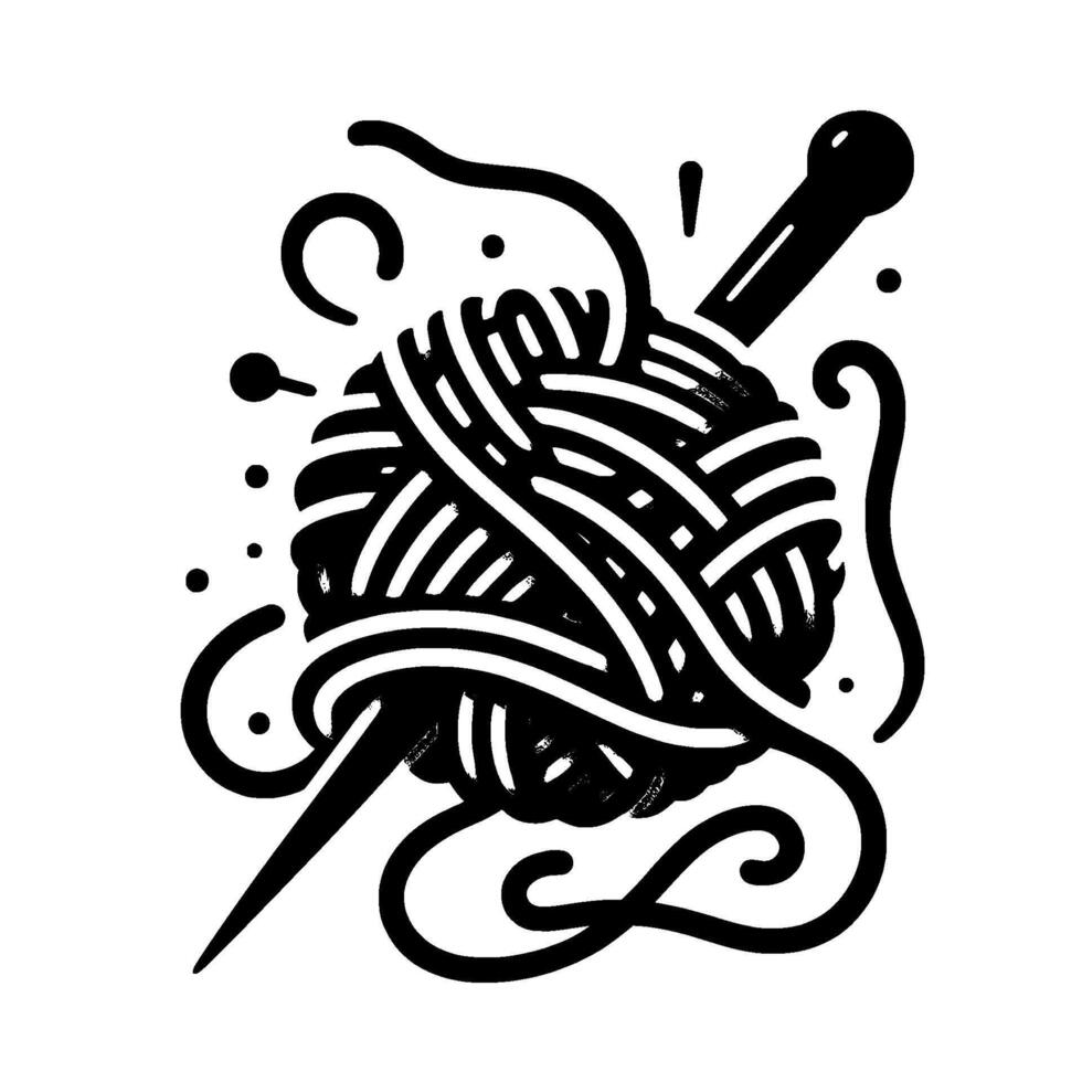 Bold Black White Illustration of a Yarn Ball Knitting Needle with Swirls, Dots, and Curved Lines on White. vector