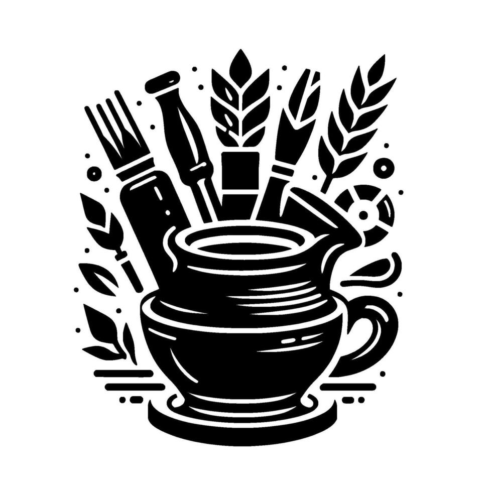 A stylized black and white illustration depicting a ceramic pitcher filled with artistic tools and wheat, on a minimalist pedestal. vector