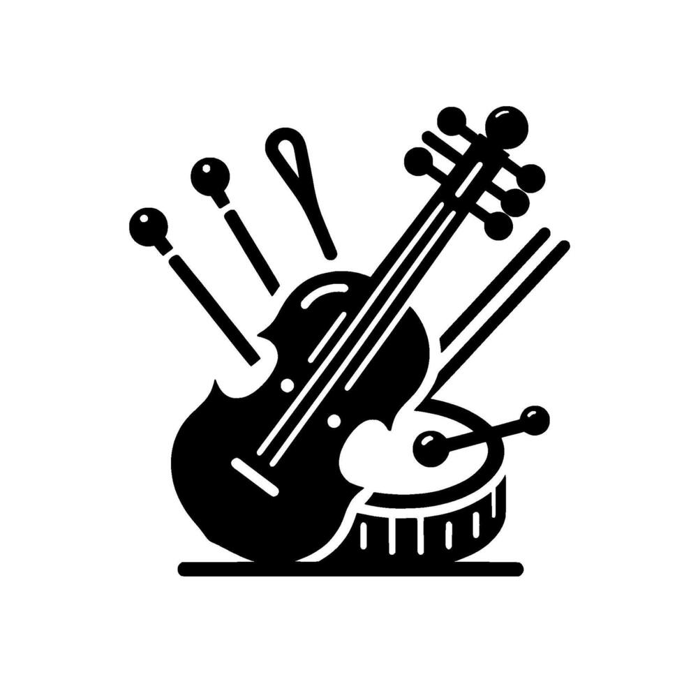 Black and White Violin, Drum, and Mallets Arrangement Depicting a Music Ensemble. vector