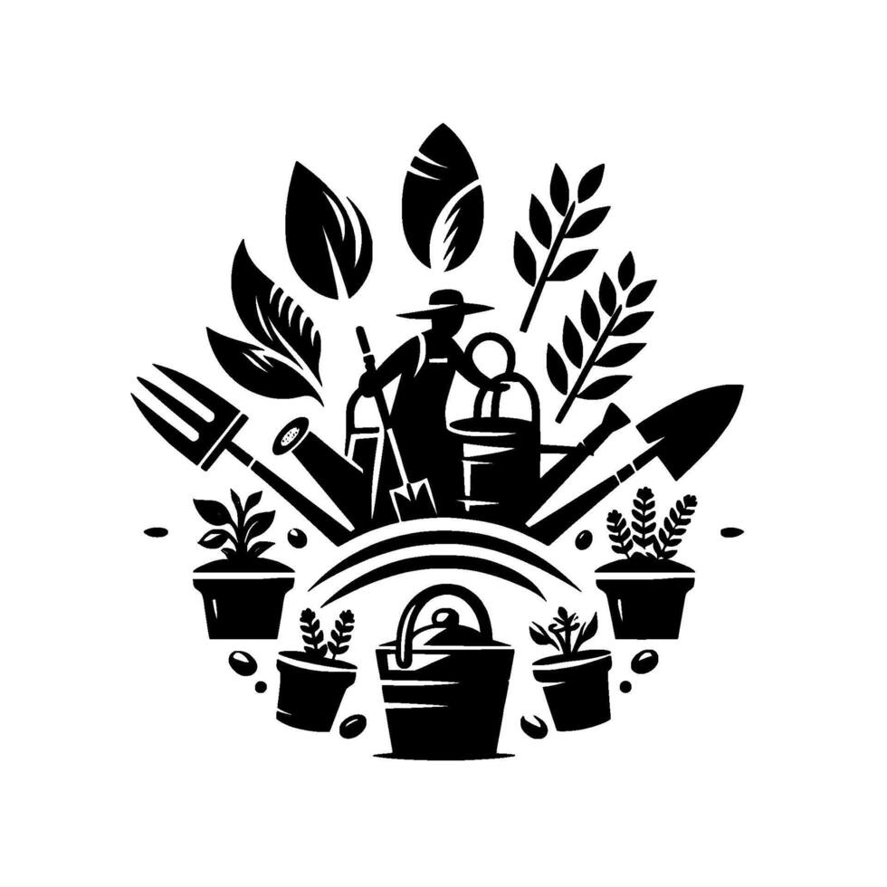 Monochromatic Garden Symbol Gardener with Tools and Plants in Potted Arrangement, Leafy . vector