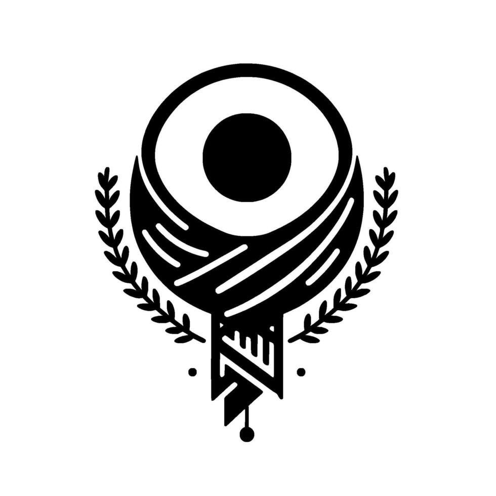 Abstract Geometric Black White Symbol with Circular , Laurel Wreaths, and Ornamental Detailing. vector