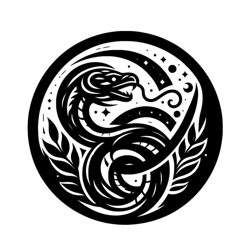 Circular Black and White Emblem Stylized Dragon with Leafy Branches and Celestial Elements vector