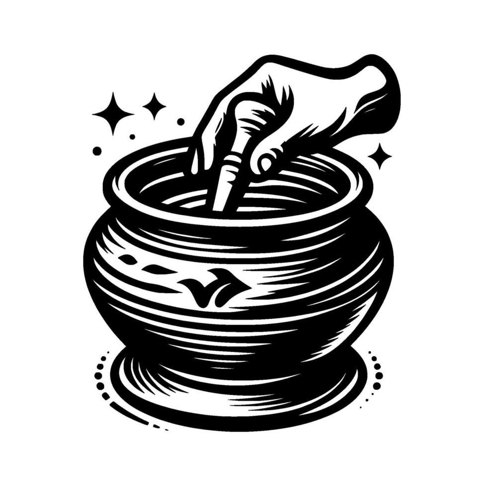 A silhouetted hand reaches into a cauldron, surrounded by sparkling stars, in a bold, minimalist blackandwhite illustration. vector